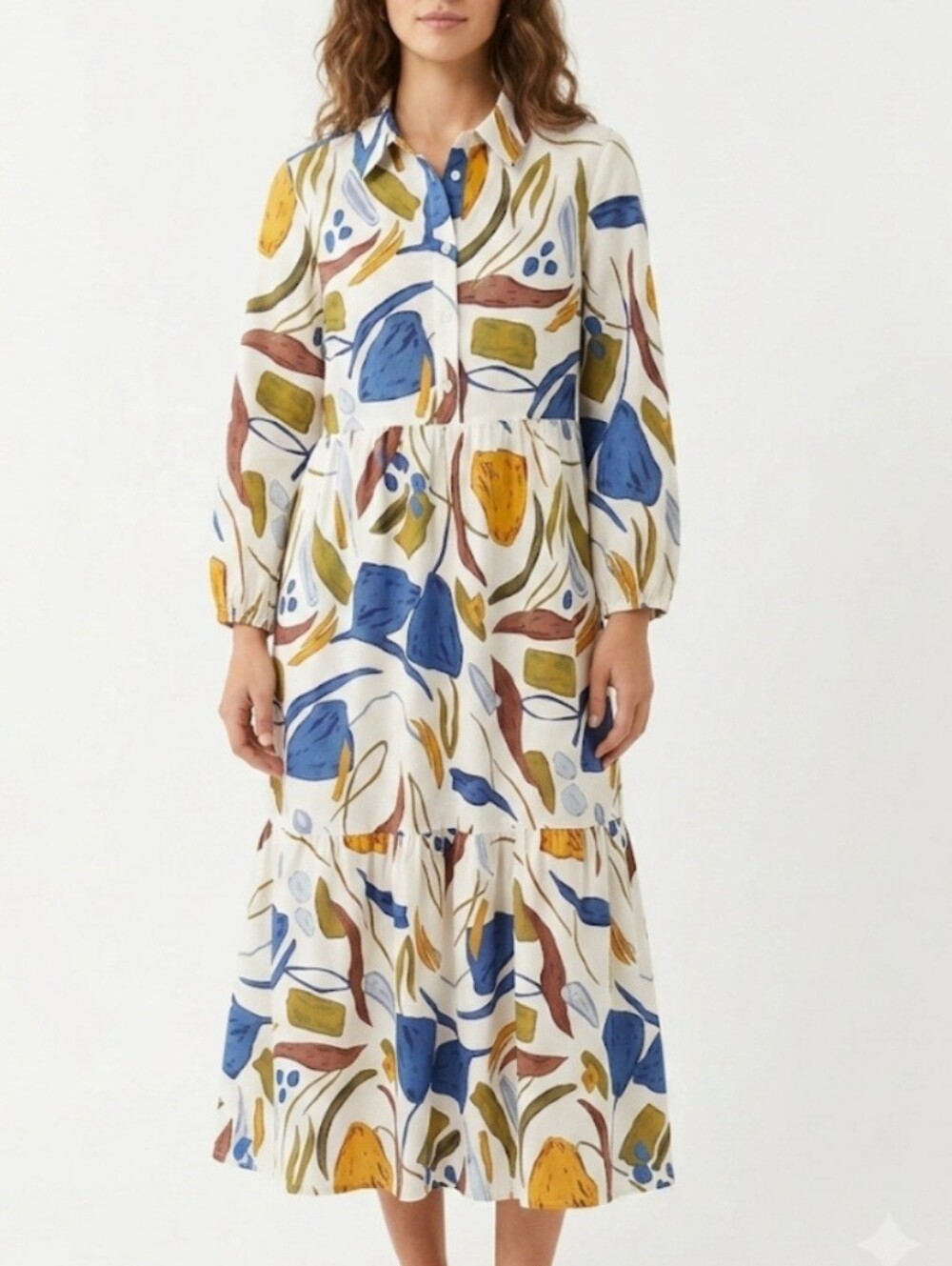 Rachel Zoe Painterly Floral Print Maxi Dress in White, Blue & Olive Size XS